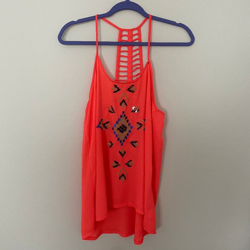orange tank top with sequined gold and blue front